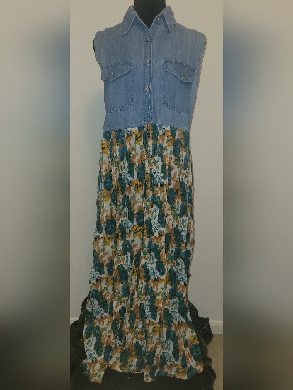 Beverly Rose Denim Bodice Floral Maxi Dress in Blue, Teal & Mustard